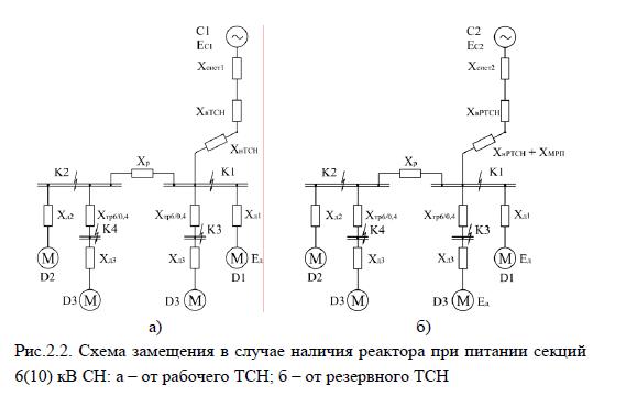 Схема замещения в случае наличия реактора при питании секций